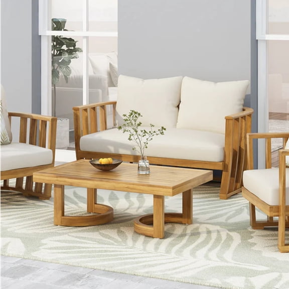 Miekor Furniture Outdoor Acacia Wood Loveseat and Coffee Table Set with Cushions, Teak, Beige W5UBGE