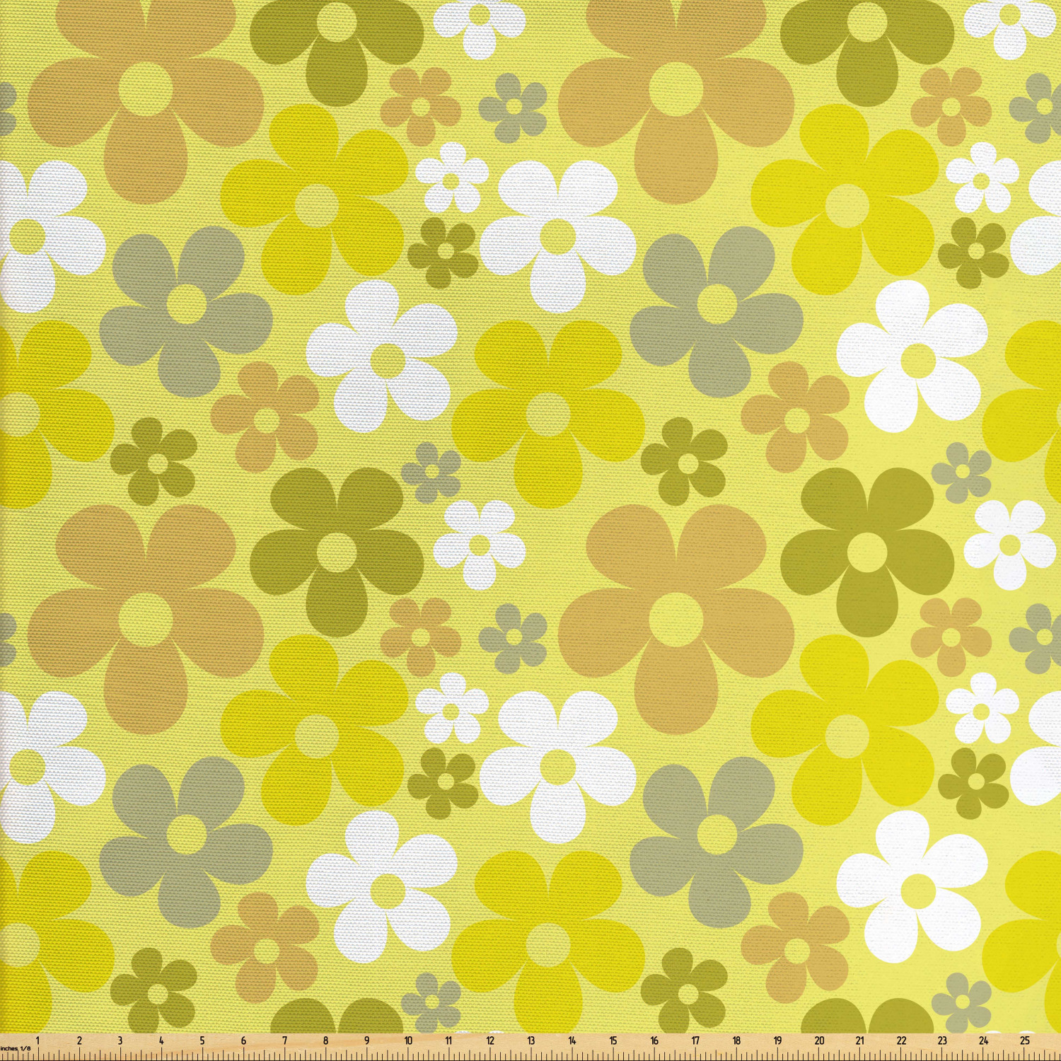 Grey Yellow Fabric by The Yard, Vivid 90's Look Flowers Illustration
