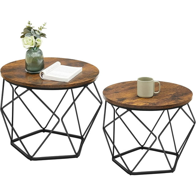 Small Coffee Table Set of 2, Round Coffee Table with Steel Frame, Side End Table for Living Room, Bedroom, Office, Rustic Brown and Ink Black