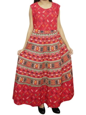 Mogul Women Cotton Maxi Dress Printed Sleeveless Red Green Gypsy Chic Comfy Long Dresses L