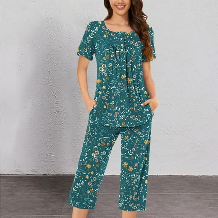 Riecok Comfy Lounge Sets for Women Scoop Neck Comfywear Pockets Sexy Button Down Sleep Set Pajamas Soft Loose Casual PJ Set Home Party Cozy Trendy Outfits Nightwear Two Piece Green 2XL