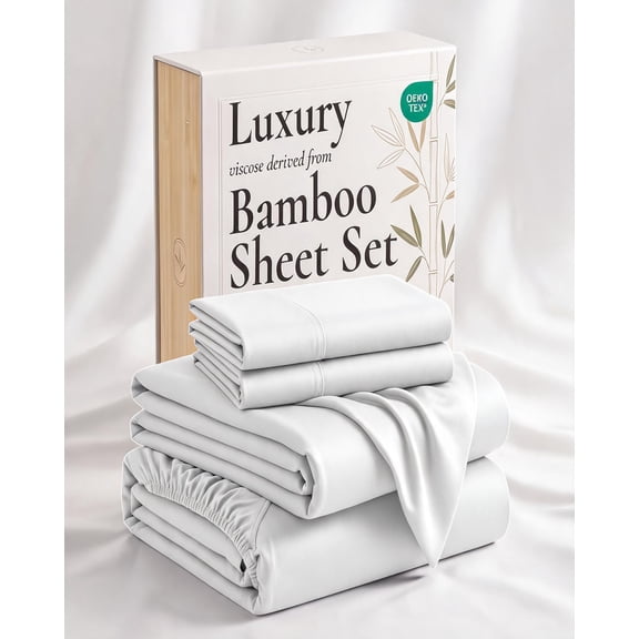 4 Piece King Size Bed Sheet Set in White Made from 100% Viscose Derived from Bamboo