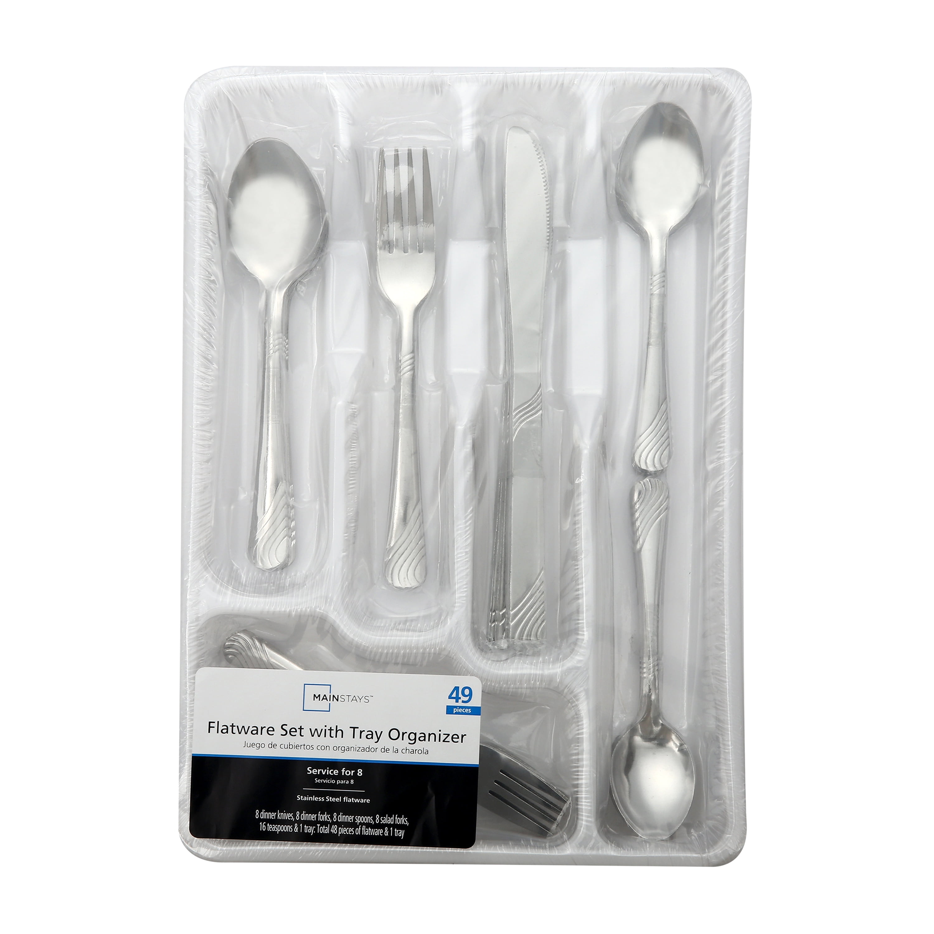 Mainstays Swirl 49 Piece Stainless Steel Flatware and Organizer Tray Set,  Service for 8 