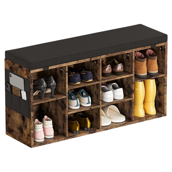 Shoe Storage Bench with Cushion, 41" Shoe Cabinet with Adjustable Shelves, Side Bag, 10 Compartments Shoe Rack, Shoe Organizer for Entryway, Hallway, Mudroom, Grey