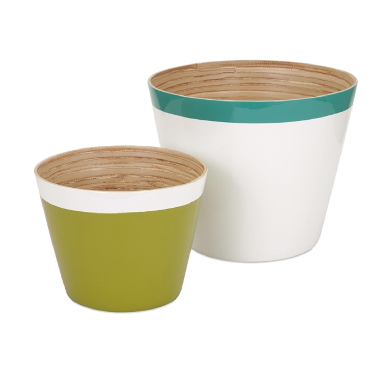 Set of 2 Color Block Teal Blue Green and White Bamboo Cachepot Flower Planters 12" by CC Home Furnishings