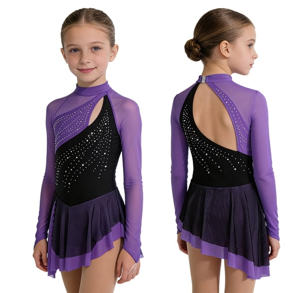 Aislor Girls Figure Ice Skating Dress Rhinestone Rhythmic Gymnastics Skirted Leotard for Dance Competition Purple 16