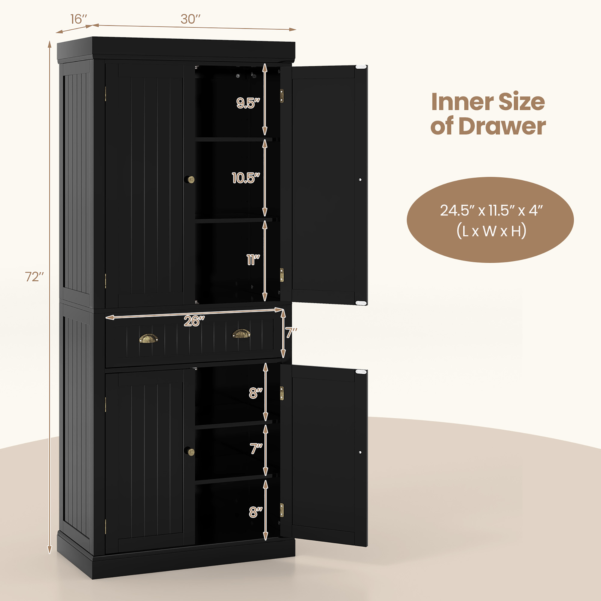 Gymax 72'' Kitchen Pantry Storage Cabinet Tall Freestanding Cupboard w/ 4 Doors Large Drawer Black