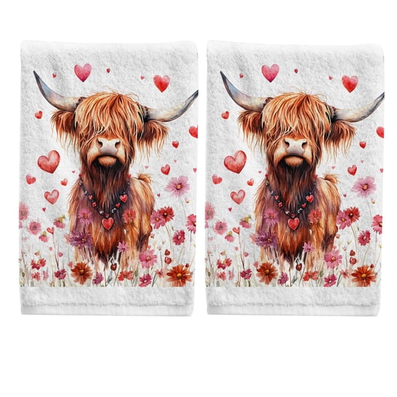 Highland Cattle and Hearts Hand Towels Set for Bathroom Cotton Face Towel Decorative 15.5x29.5 inch