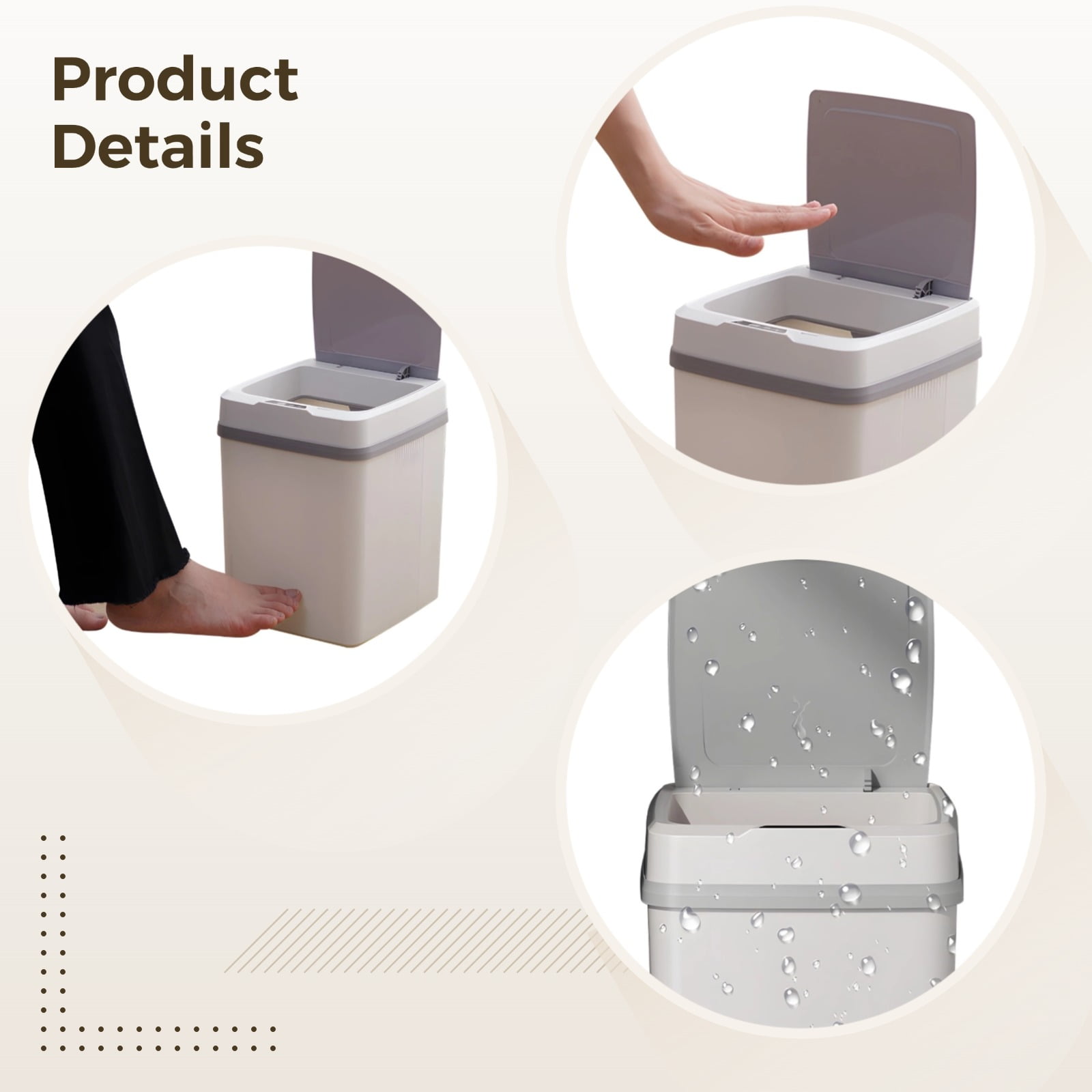 Automatic Touchless Sensor Bin, 12 L Trash Bin for Kitchen and Bathroom, Built-In Lithium Battery, Waterproof Trash Can, Triple Modes, White
