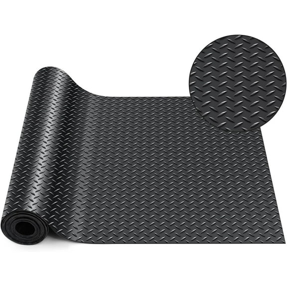 16 in x 20 ft Rubber Diamond Plate Rolls Garage Floor Mat for Under Car, Heavy Duty Flooring Rug for Trailers Garage, PVC Water/Stain Outside Stall Resistant Parking Rv Tool(Black)