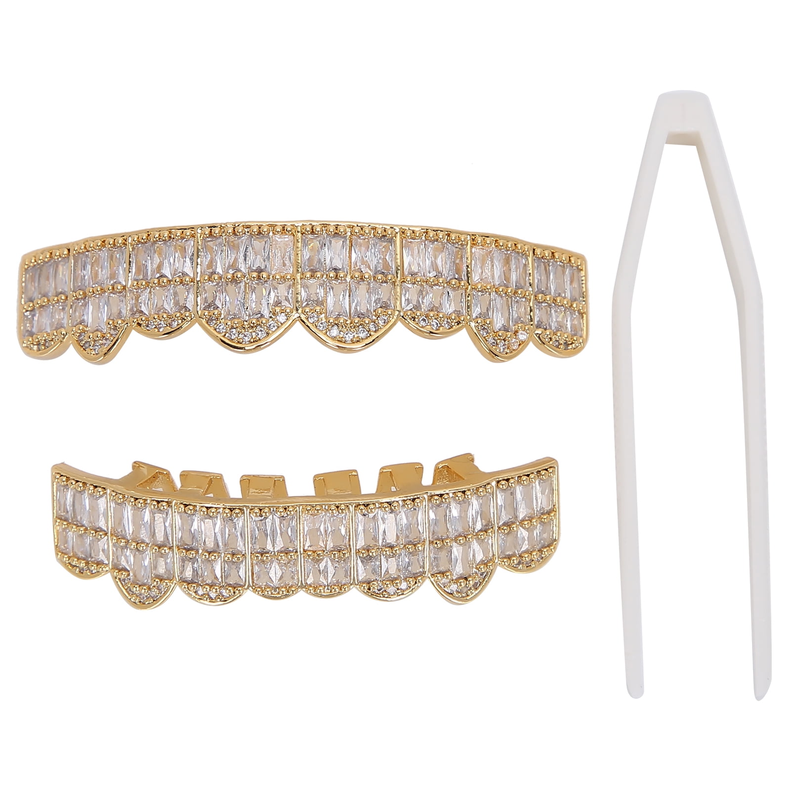 14k Gold Plated Hip Hop Two Tone Si CZ Teeth Grillz Caps Fang Top Grill