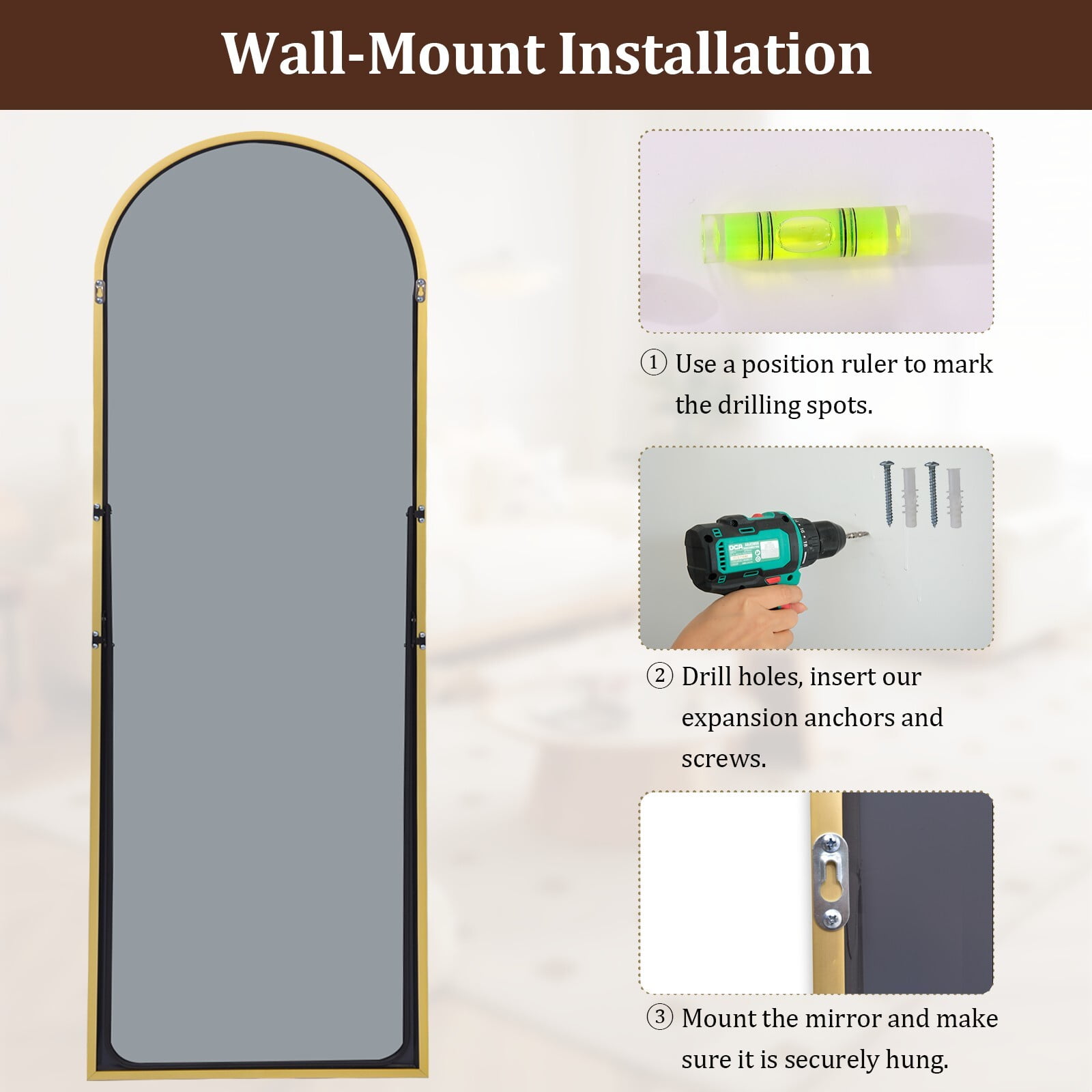 Easy4Home 68"x22" Arched Full Length Mirror with Aluminum Alloy Frame Freestanding Floor Dressing Mirror, Gold