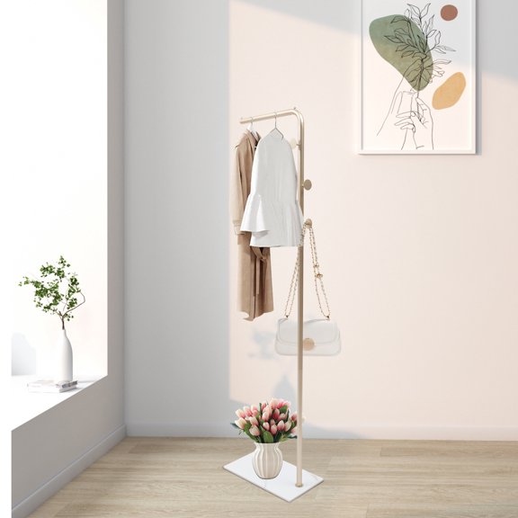 Metal Coat Rack Freestanding with Natural Marble Base, Entryway Coats Hanger Stand with 3 Hooks, Home Hotel Hall Tree for Coats, Hats, Scarves, Clothes, and Handbags (Gold-w/white Base)