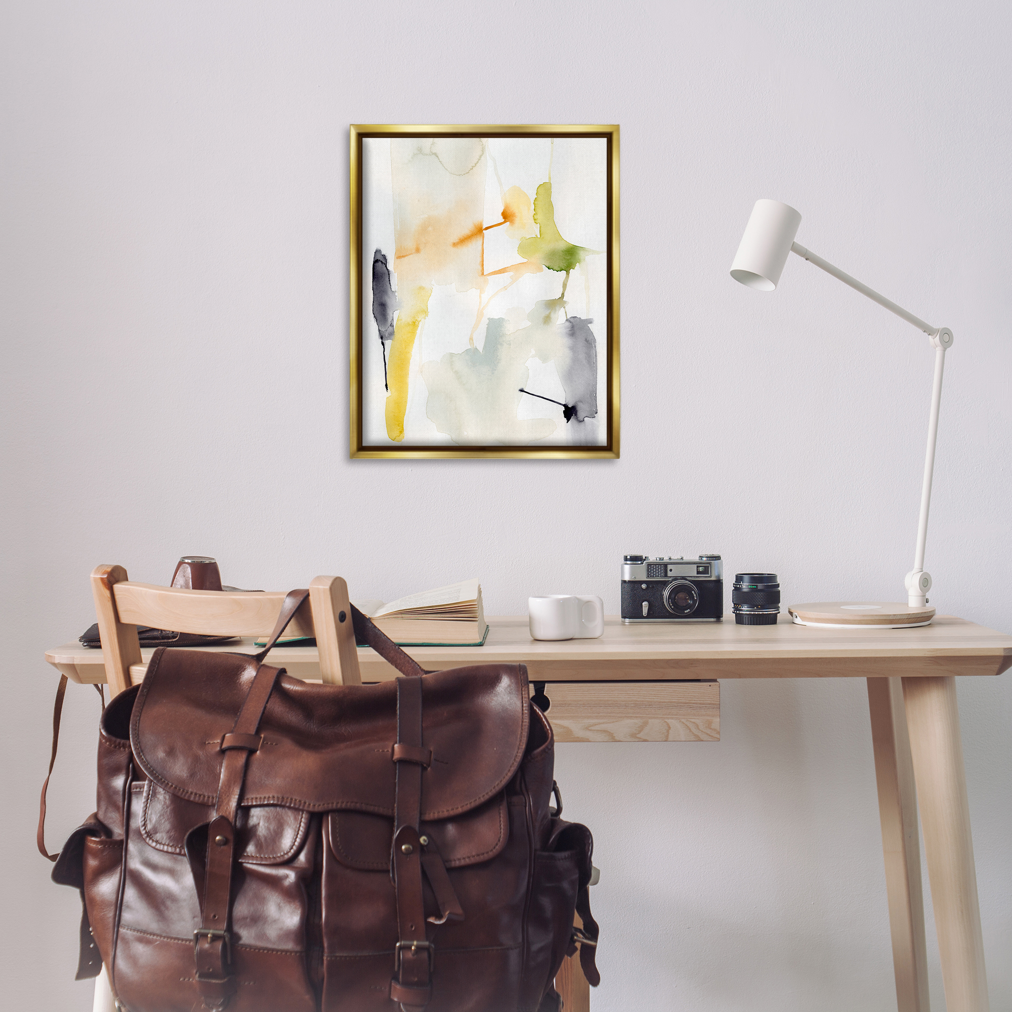 Stupell Industries Soft Watercolor Splashes Abstract Painting Gold Floater Framed Canvas Art Print Wall Art, 25 x 31
