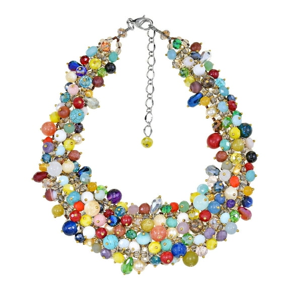 Vibrant Fiesta Colorful Mixed Stones, Pearls, and Crystal Beads Bib Necklace