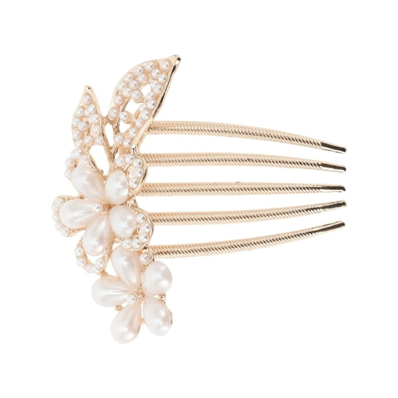 1 Pc Women Double Flowers Hair Insert Comb for Thick Wavy Hair Gold Tone White Alloy Faux Pearl