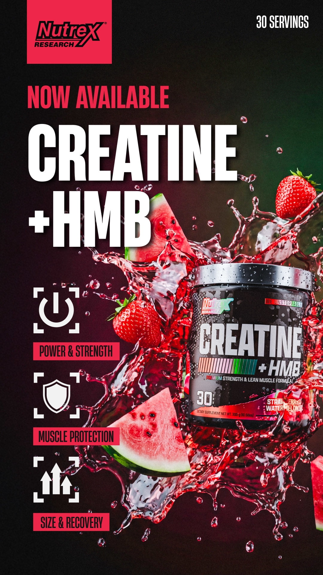Nutrex Research Creatine + HMB Fruit Punch 5g Creatine, 1.5g HMB Strength and Lean Muscle Formula 30 Servings