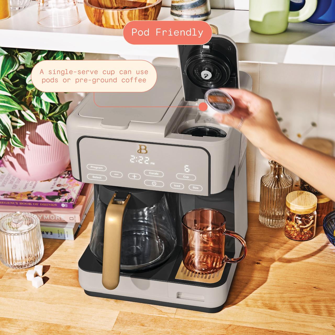 Beautiful Multi-Brew 12-Cup Programmable Drip & Single-Serve Coffee Maker, Porcini Taupe by Drew Barrymore