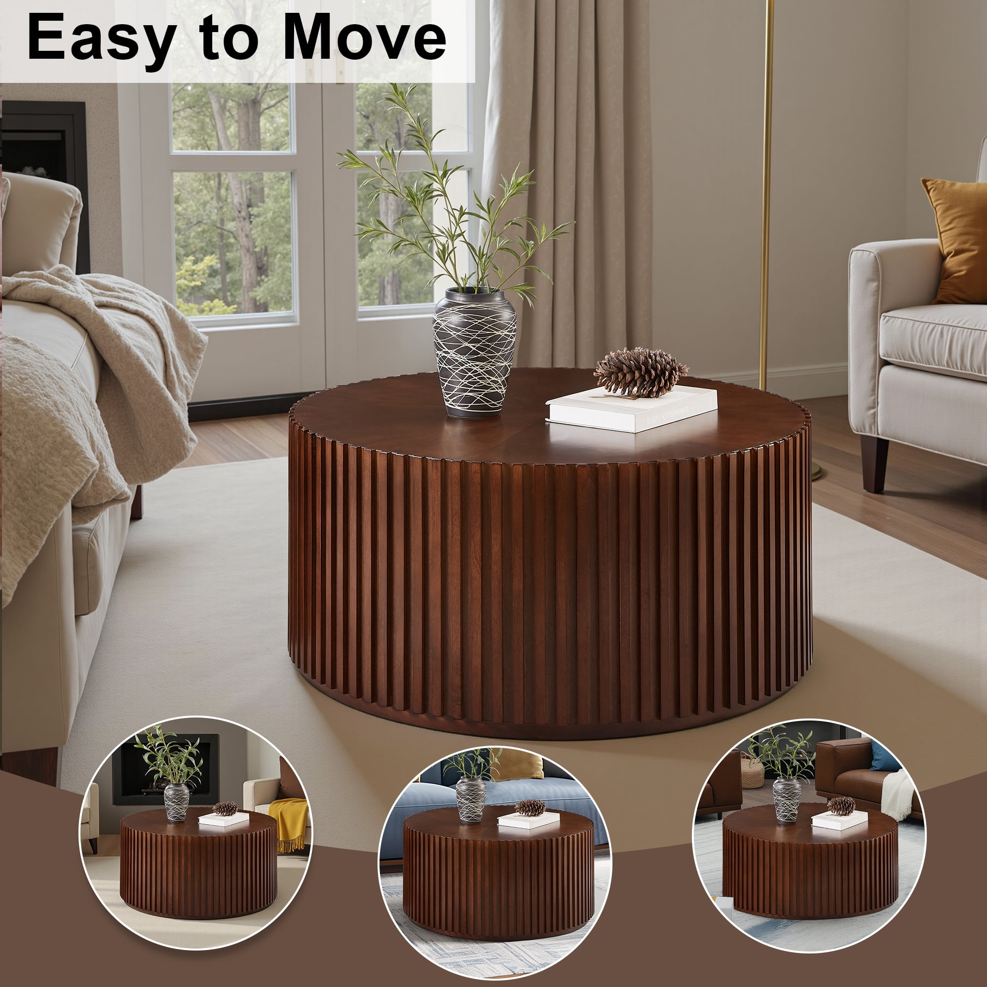Gexpusm Round Coffee Table, Solid Wood Center Table for Living Room, Circle Drum Coffee Table with Handcrafted Relief, Walnut