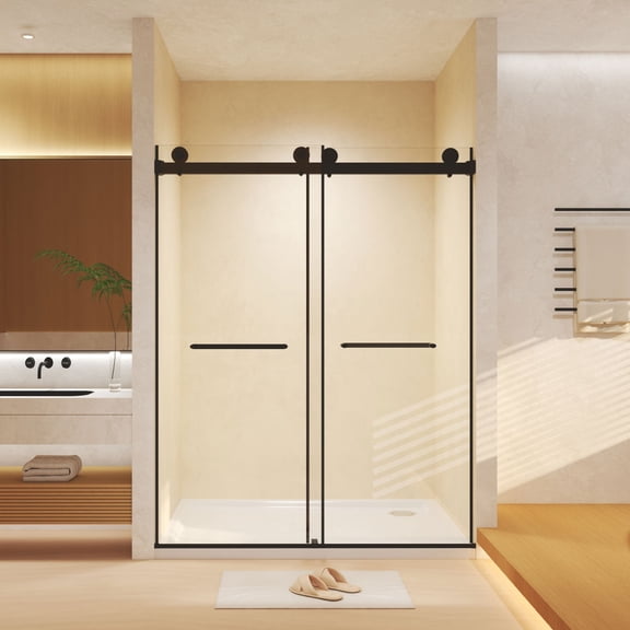 Frameless double sliding shower door, 56-60 inches wide x 74 inches high, 5/16 inch (8mm) tempered glass, explosion-proof film, strong and stable, stainless steel handle, square tube track,Black