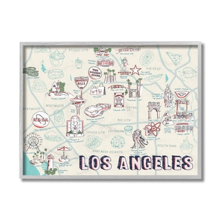 Stupell Industries Los Angeles California City Landmark Map Famous Destinations Design by Ziwei Li, 11" x 14", Gray Framed