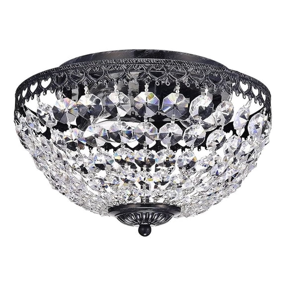 Crystal Flush Mount Chandelier, 3 Lights Glam Lighting Fixture with Antique Black Finish, Crystal Shade, Entryway, Living, Dining, Bedroom, Closet