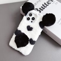 Fuzzy Fluffy Hearts Case Compatible with iPhone 14 Pro - Cute Furry Plush Faux Fur Heart Print Phone Case for Girls Women Winter Warm Soft Back Shockproof Protective Cover for 6.1 inch, Black