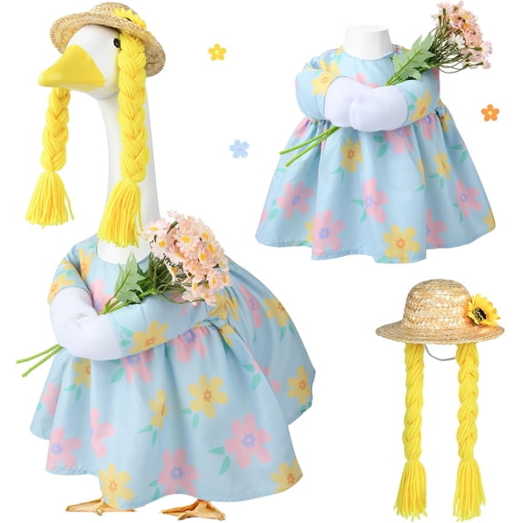 Spring Porch Goose Outfit, 23 Inch Floral Dress with Straw Hat and Braided Hair, Cute Goose Statue Clothes for Outdoor Lawn Garden Decor, Funny Farmhouse Porch Decoration