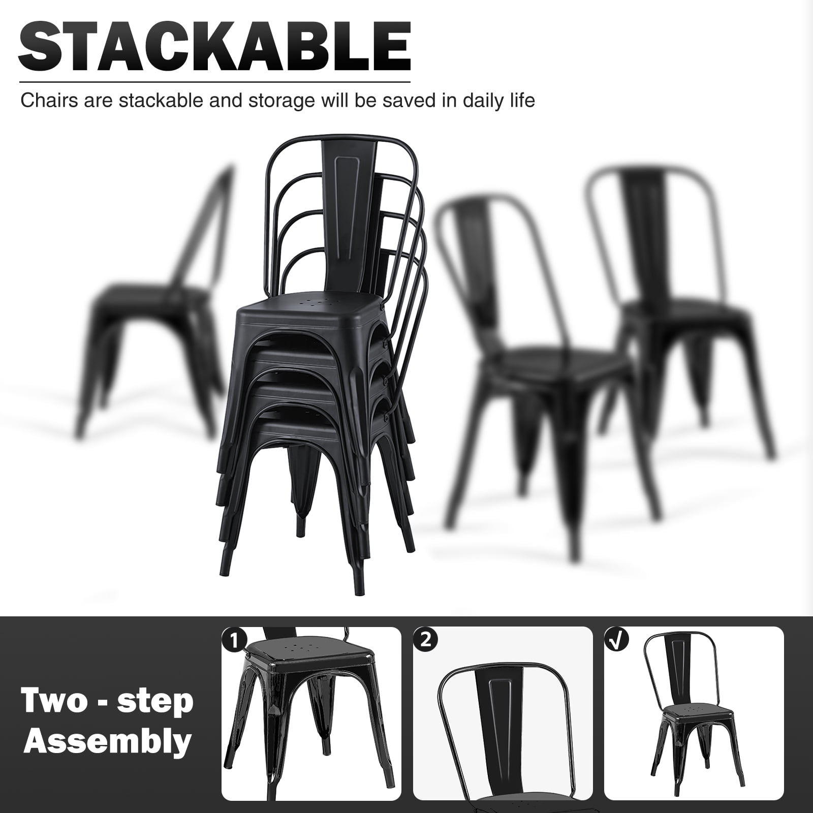 SOLEGGIATA Metal Dining Chairs Set Of 4 Stackable Tolix Style Indoor Outdoor Patio Kitchen Obsidian Black