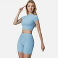 thumbnail image 4 of Women's Short Sleeve Ribbed Crop Top with Crew Neck and Stretch Fabric - Large, Light Blue, 4 of 6