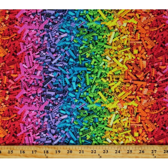 Cotton Building Blocks Bricks Toys Games Colorful Rainbow Kids Cotton Fabric Print by the Yard (118035)