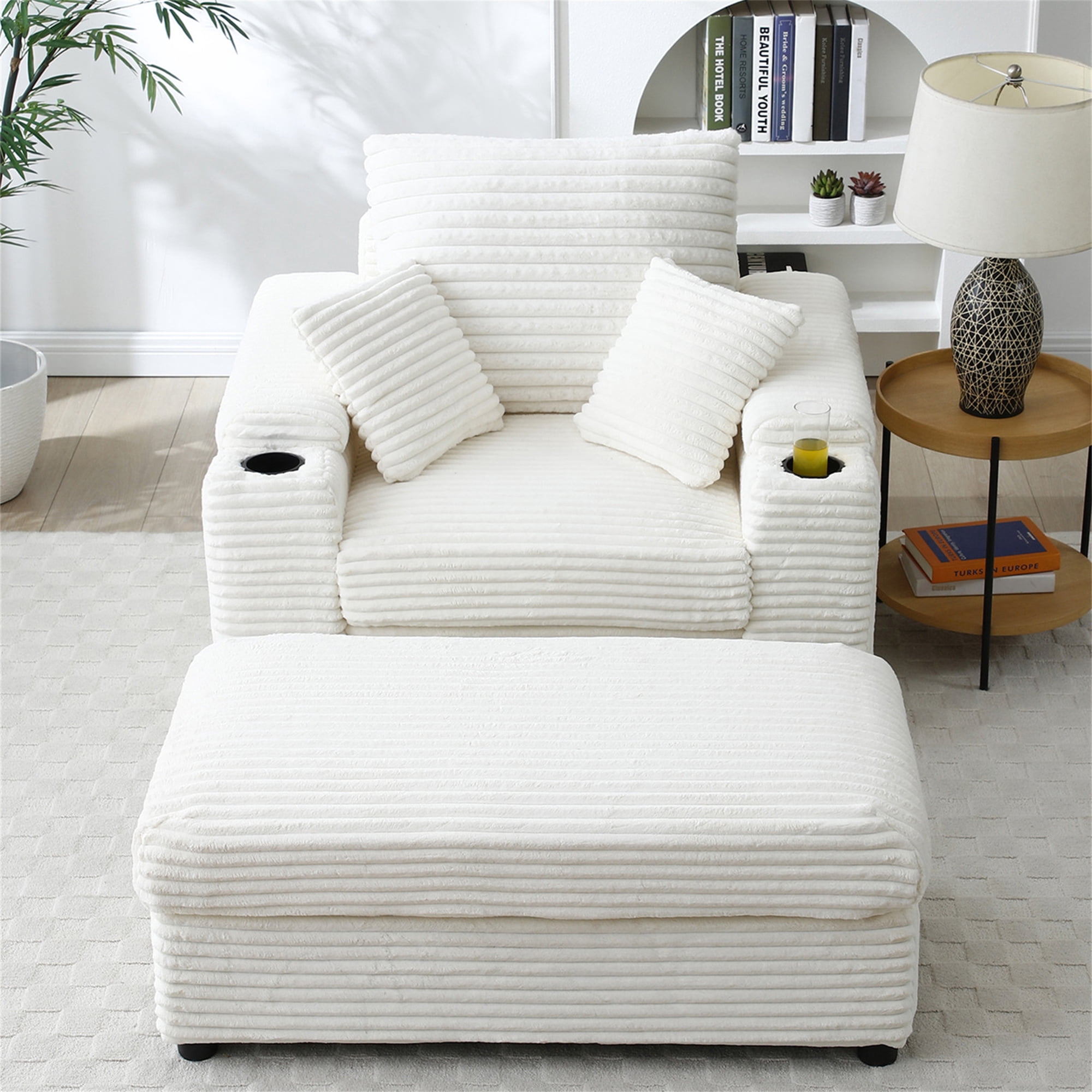 Aukfa Oversized Chaise Lounge Indoor Chair with 2 Cupholders, Storage Ottoman, 3 Pillows, Beige