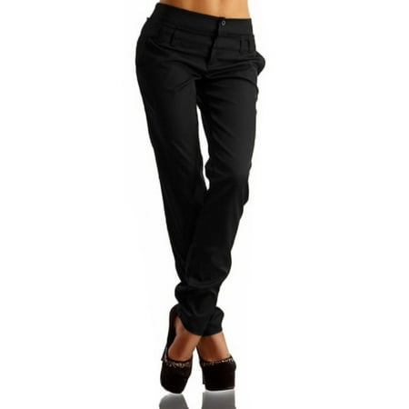 Women High Waist Buttons Slim Fit Plain Straight Leg Casual Long Pants (The Best Ski Pants)