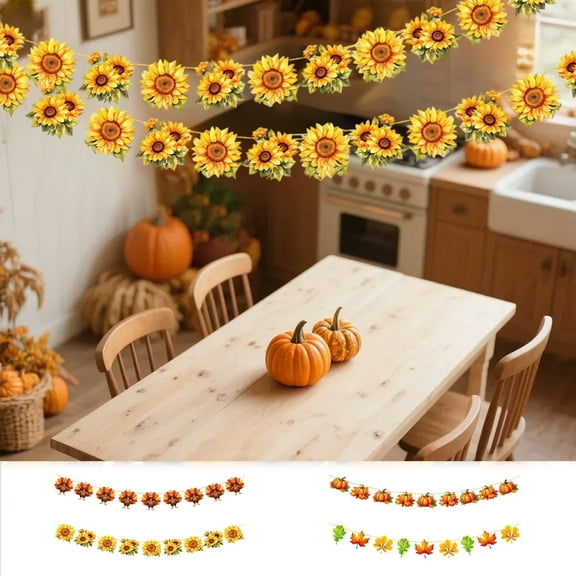 AYktou 2 Pcs Festival Banners Party Decorations, 6.6 Ft Thanksgiving Turkey Holiday Flag Fall Pumpkin Sunflower Garland Banners Maple Leaf Holiday Decor