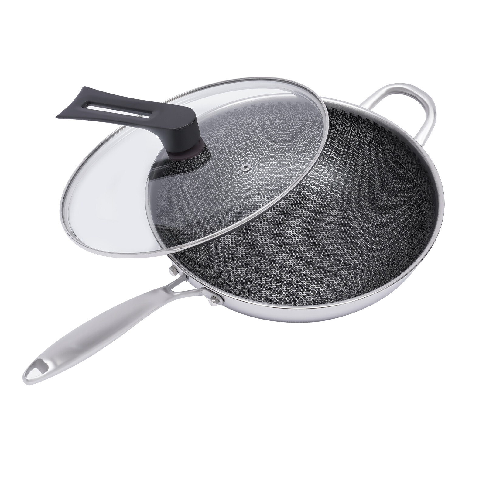 12in Stainless Steel Double Sided Honeycomb Cooking Frying Wok Pan with Lid Non Stick for Frying, Steaming, Boiling