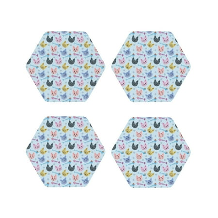 

Leather Coasters Set of 4 - Artistic Cute Cartoon Cat Fishbone Lightweight Non-Slip Drink Coasters for Desk Anti-Scalding Desk Cup Coasters for Office Table Decor Hexagon