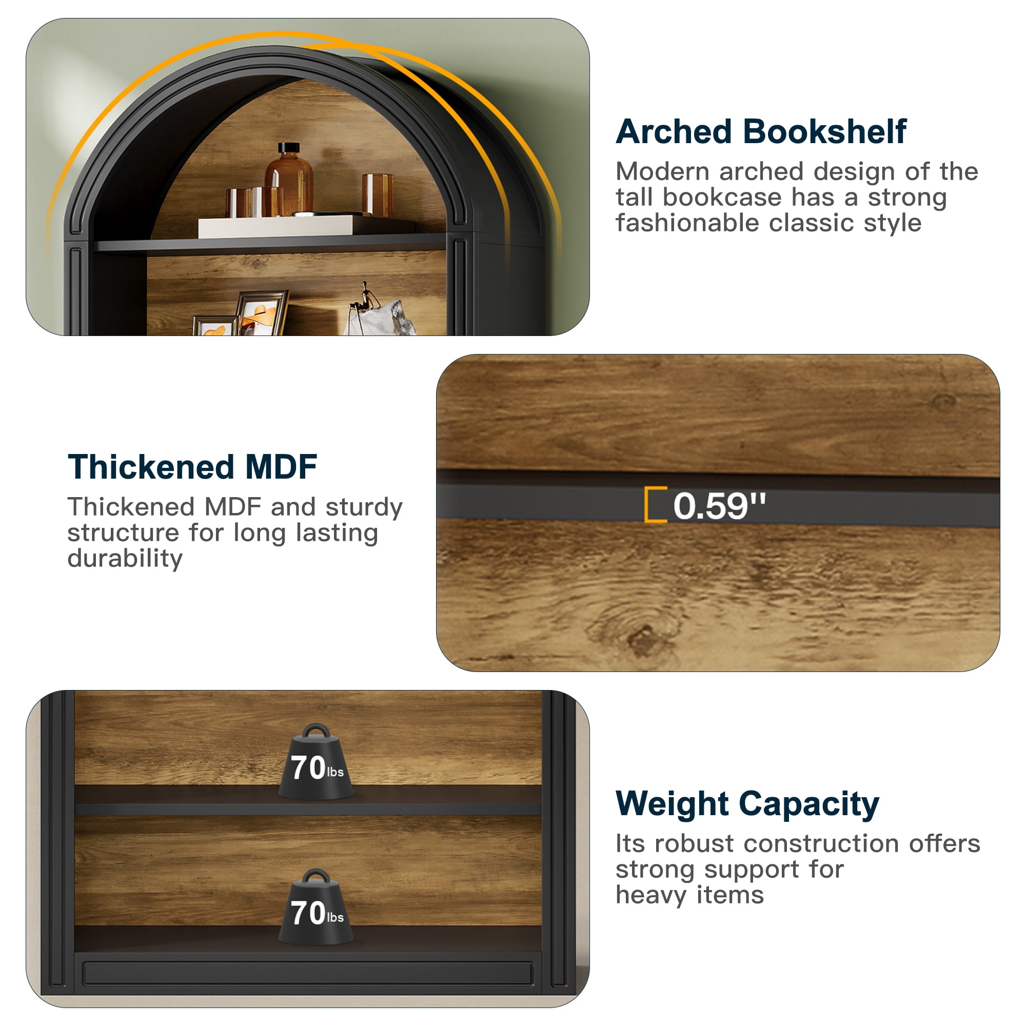 Demi Bonn 78.7" Bookshelf, 8-Tier Wooden Arched Bookcase Display Shelving Unit for Bedroom, Living Room, Black