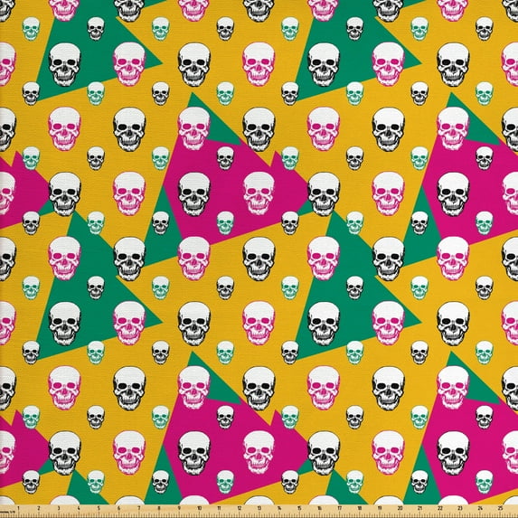 Skull Fabric by the Yard Upholstery, Head Bones Print on Colorful Geometric Triangle Background, Decorative Fabric for DIY and Home Accents, Earth Yellow Jade Green by Ambesonne