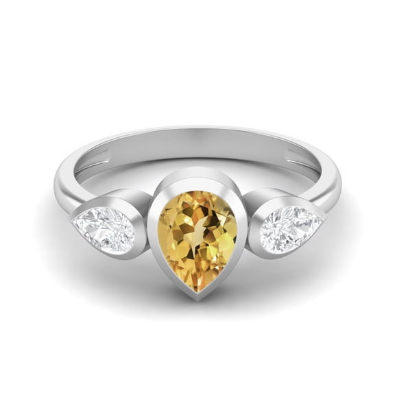 1.25 Cts Bezel set Pear Citrine 925 Sterling Silver Three Stone Women Valentines Day Gifts Ring