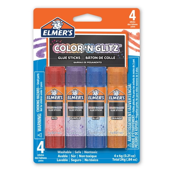 Ensemble de bâtons de colle Colour ’n Glitz Elmer’s, lavable, couleurs assorties, 6 grammes, 4 unités