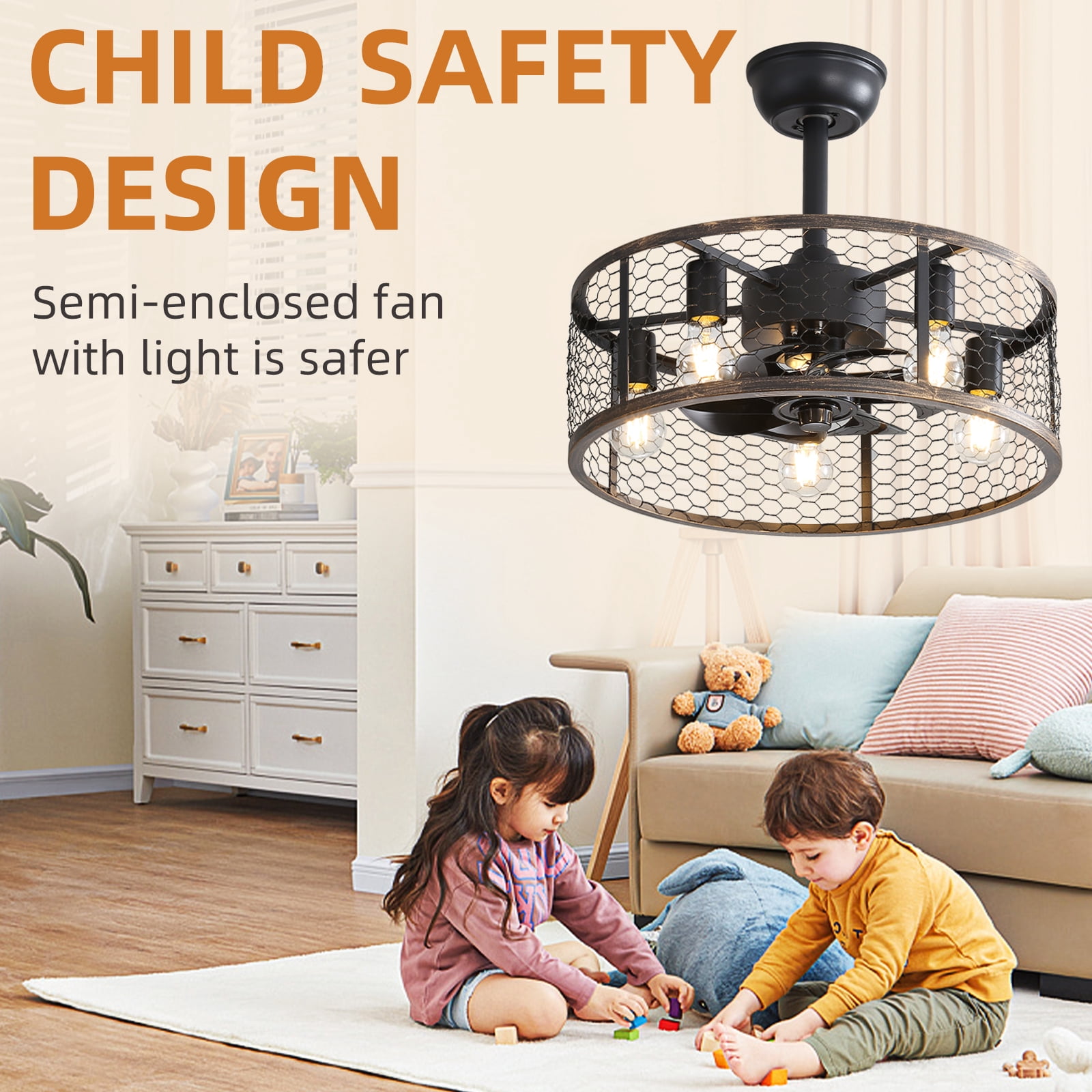Mintazer 19.7 inch Caged Ceiling Fan with Light, Black Farmhouse Ceiling Fan for Kitchen, Living Room, Home