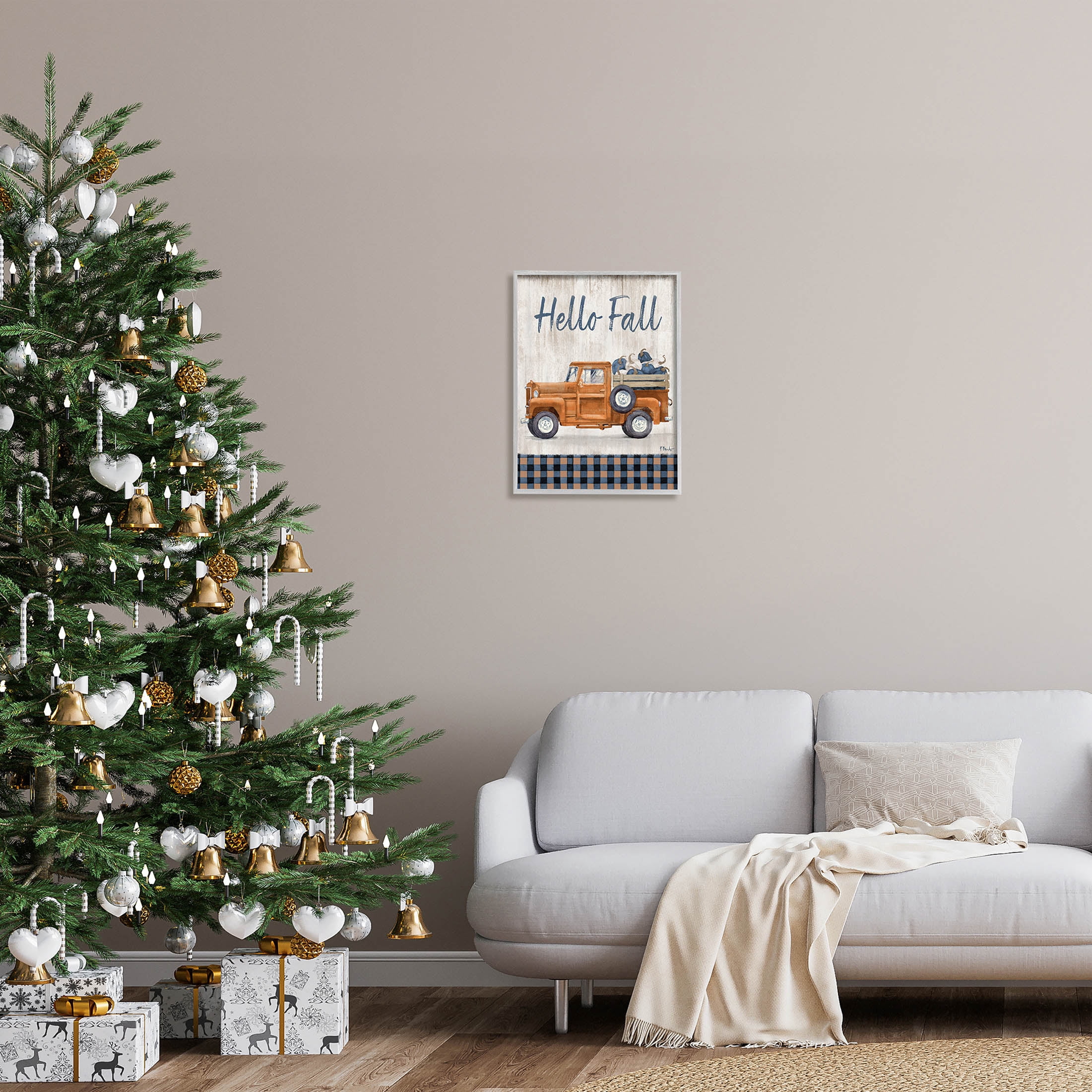 Stupell Industries Hello Fall Plaid Pumpkin Truck Graphic Art Gray Framed Art Print Wall Art, Design by Paul Brent