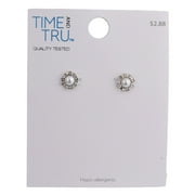 Crystal Accent Shiny Silver Acrylic Pearl Post Earrings