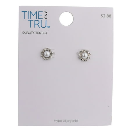 Crystal Accent Shiny Silver Acrylic Pearl Post Earrings