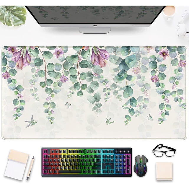 Eucalyptus Leaf Watercolor Flowers Mouse Pad XXL Green Red Leaves Desk Mat, Spring/Summer Extended Keyboard Mat, Precision Stitched Edges, NonSlip Rubber Base, 31.5x15.75 Inch