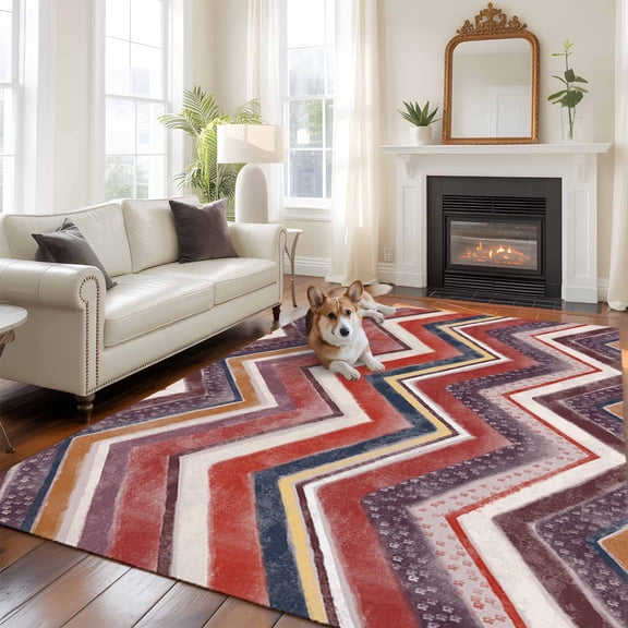 Northern Europe 5x7 Area Rugs for Living Room, Red Geometric Wave Stripes Non Slip Floor Mat Washable Low-Profile Indoor Carpet for Bedroom, Dining Room, Bathroom