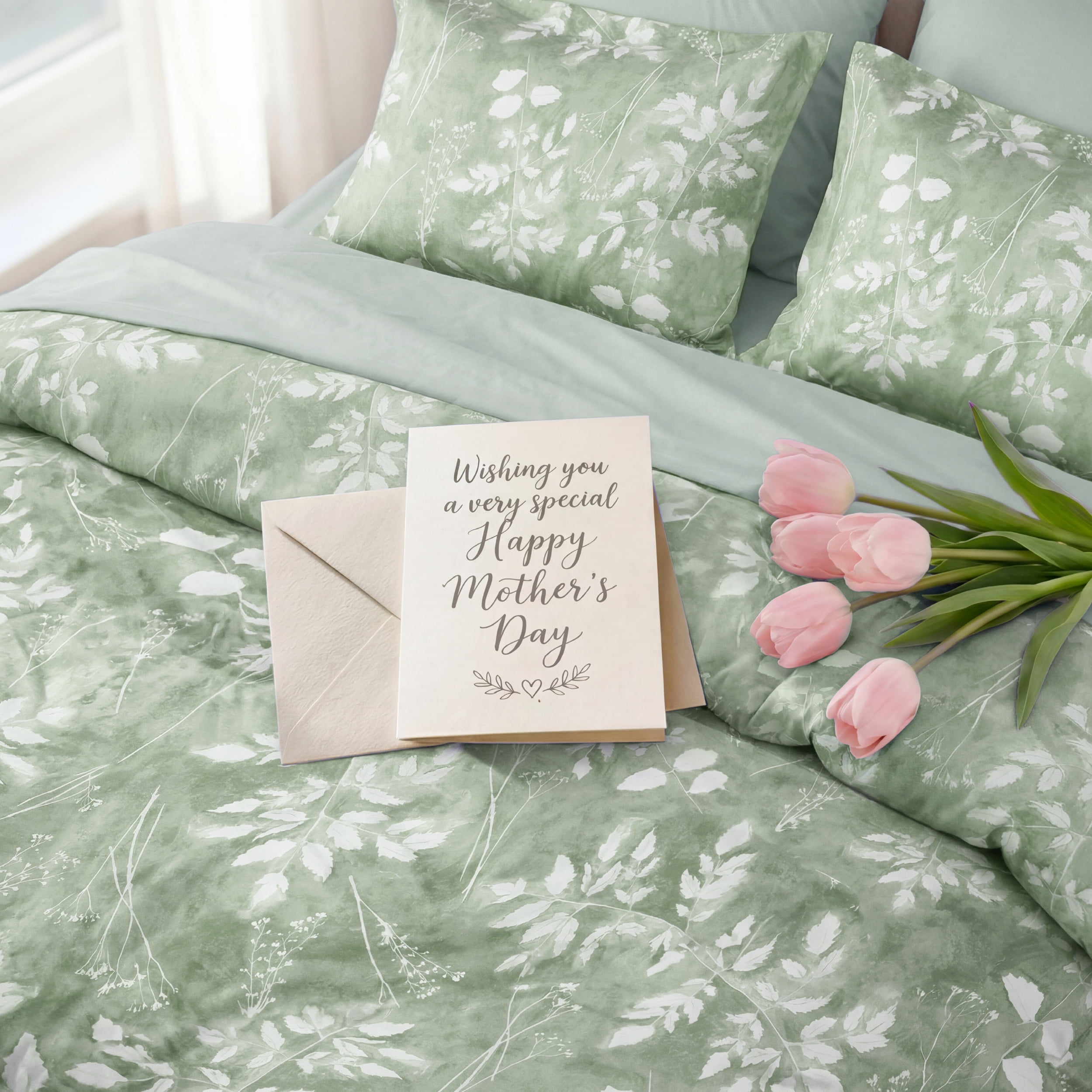 U by Bedsure Queen Comforter Set Sage Green, Bed in a Bag Queen Size Bedding, 7-Pieces Botanical Flowers Spring Comforter, Sheets, Pillowcases & Shams