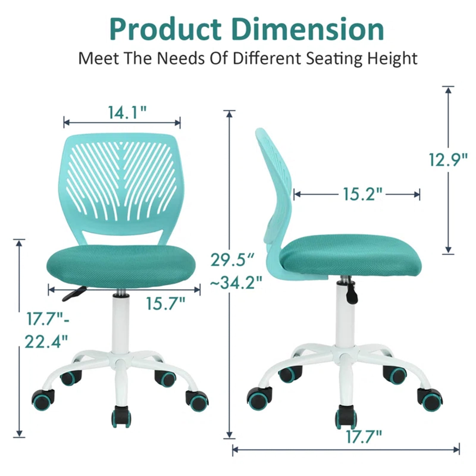 Homy Casa Kids Desk Chair, Height Adjustable Small Study Computer Task Chair for Student Children Teens with Wheels, Turquoise