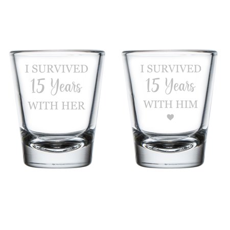 Set of 2 Shot Glasses 1.75oz Shot Glass Gift I Survived 15 Years 15th Anniversary