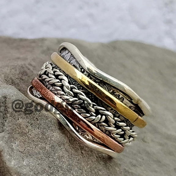 Spinner Ring, Three Tone Fidget Spinner Ring, 925 Sterling Silver Spinner Ring, Worry Anxiety Ring, Meditation Gift Ring, Rings for Women
